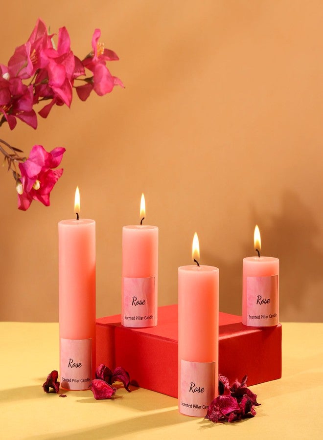 Stone & Feather Scented Pillar Candles, Rose, Set of 4, for Home Decoration, Diwali, Christmas, Wedding, Anniversary - Image 1